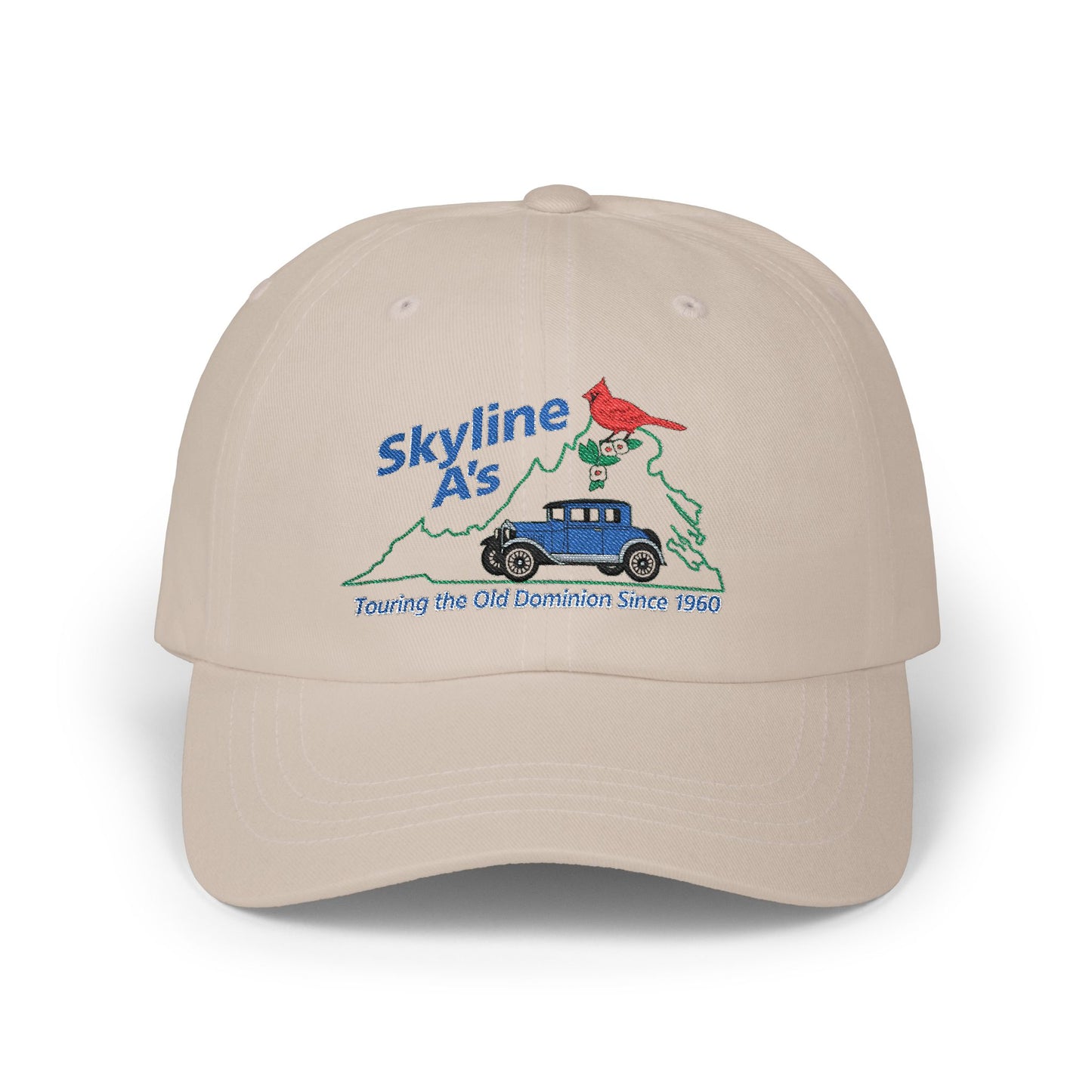 Skyline A's Embroidered Dad Hat — Vintage Car & Cardinal Design