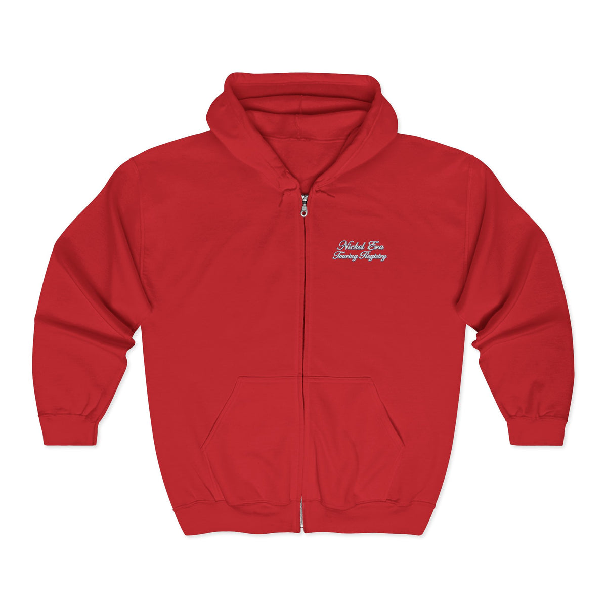 Nickel Era Touring Registry Hoodie with Embroidered Script Chest Text — Unisex Heavy Blend™ Full Zip Hooded Sweatshirt
