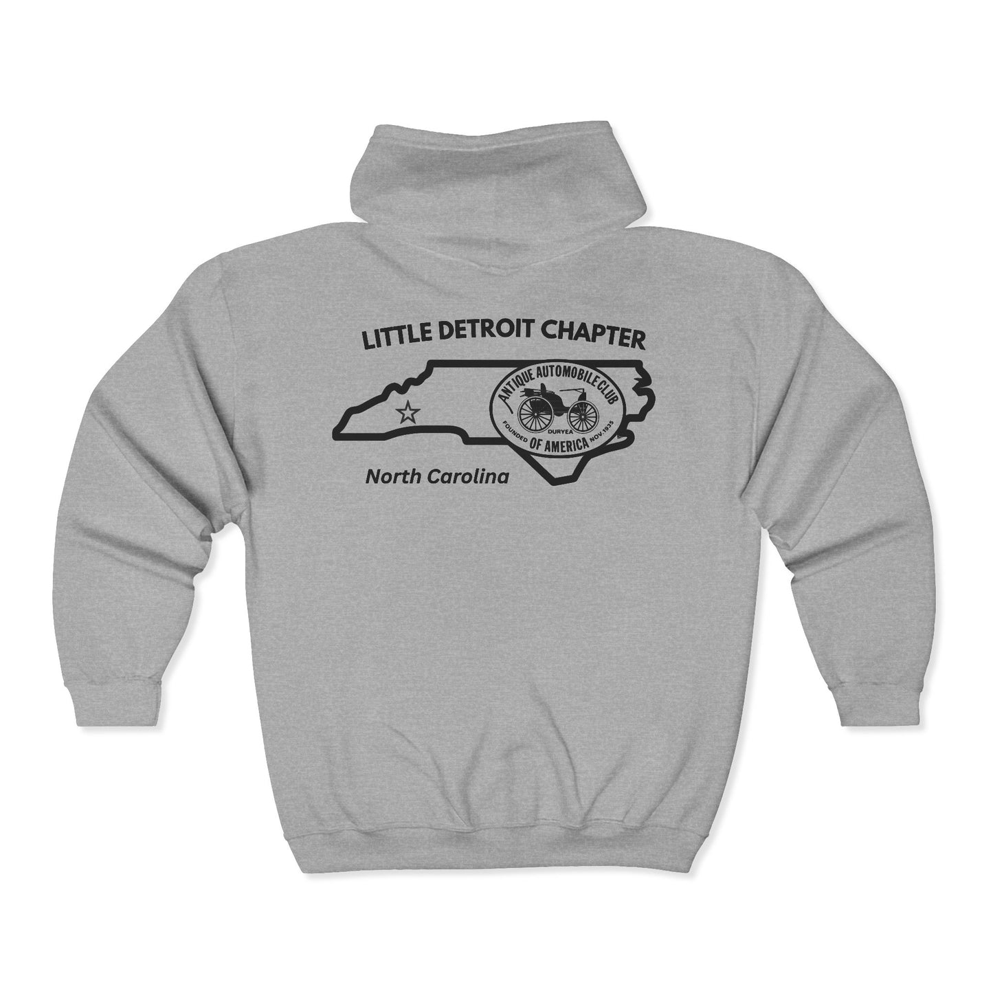 Little Detroit Chapter AACA North Carolina Full-Zip Hoodie — Small Front Logo and Large Back Logo