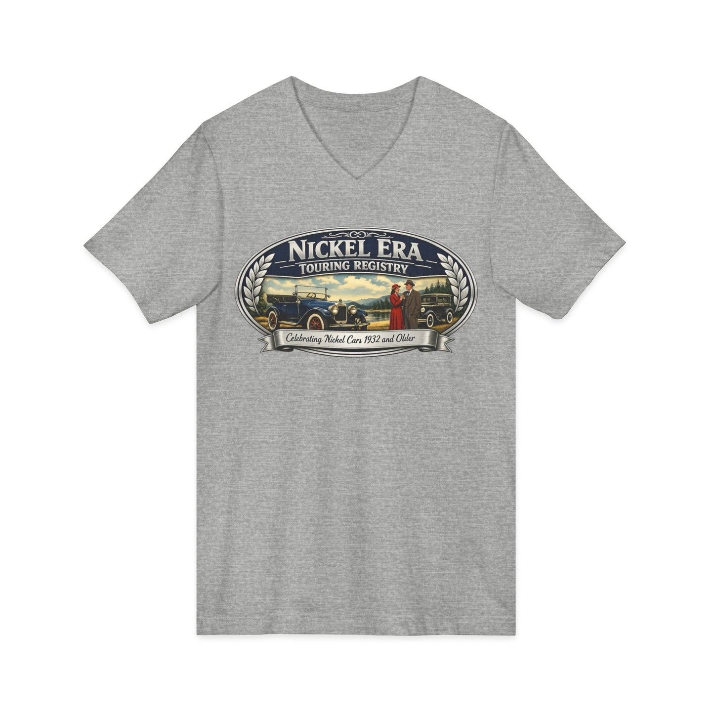 Nickel Era Touring Registry Women's V-Neck Tee — Vintage Car Club Graphic Shirt