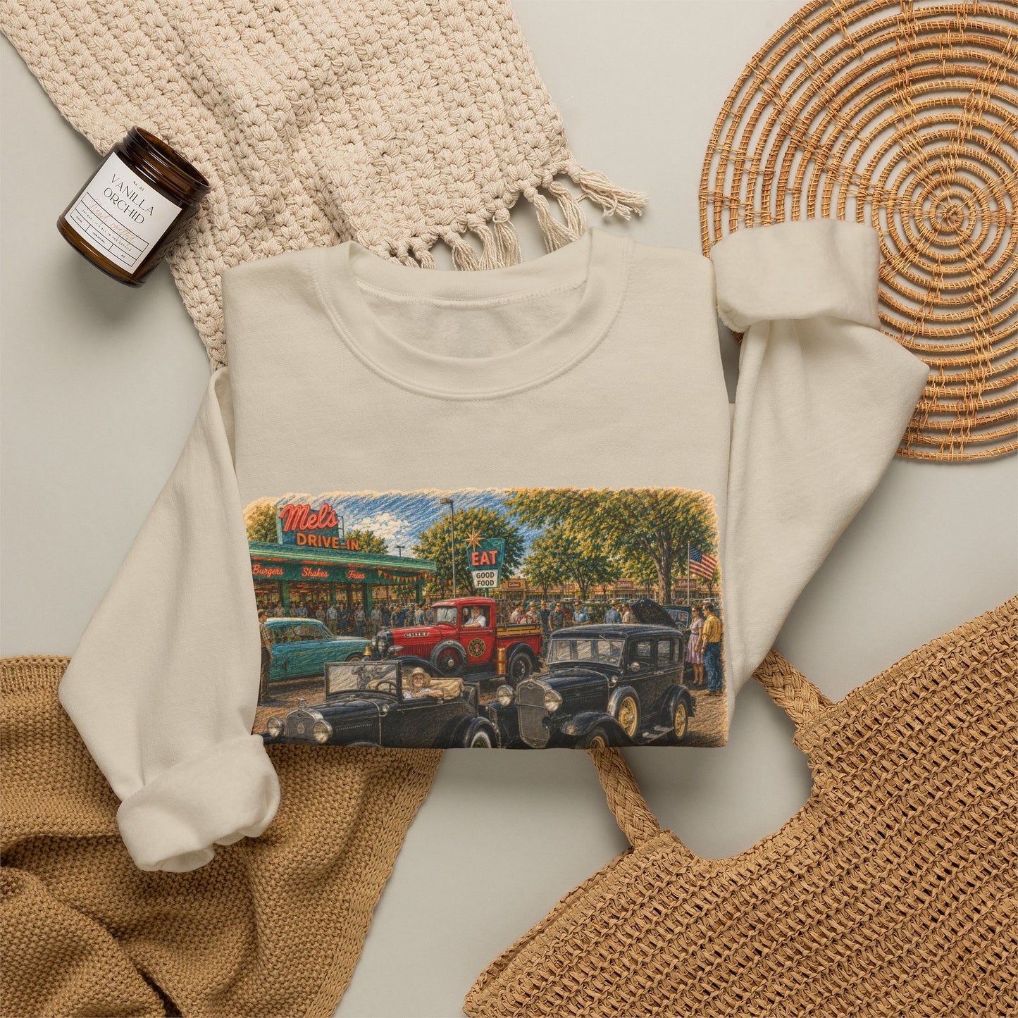 Mel's Drive-In (LTG) Crewneck Sweatshirt — Retro Antique Car Scene