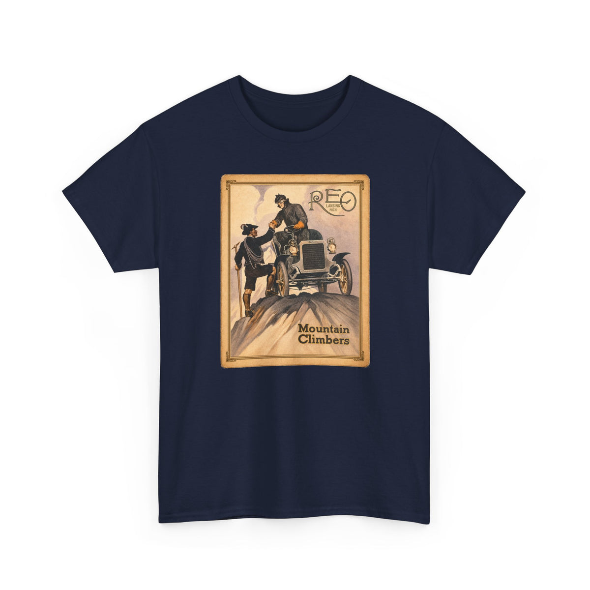 REO Lansing Michigan Mountain Climbers T-Shirt - Unisex Heavy Cotton Tee