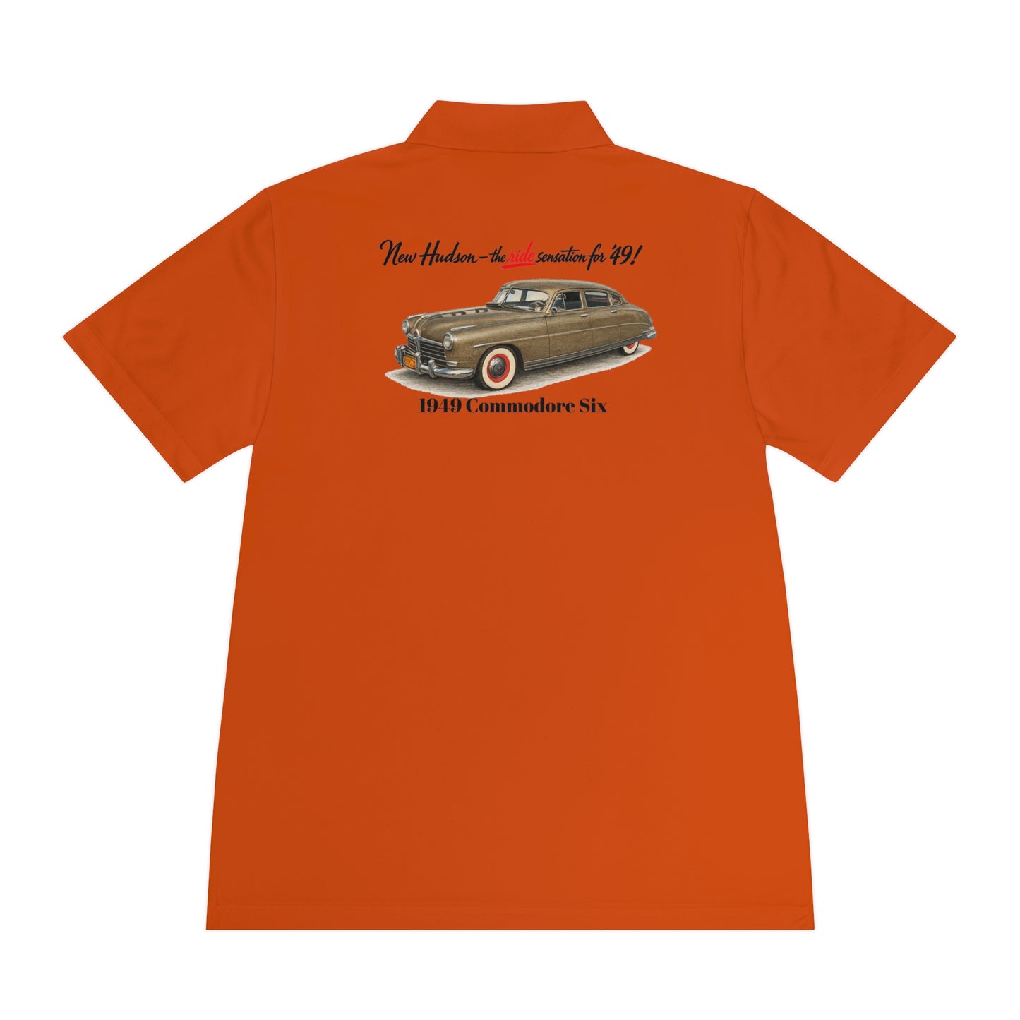 1949 Hudson Commodore Six Polo Shirt — Vintage Hudson Car Graphic Men's Sport Polo (DT)