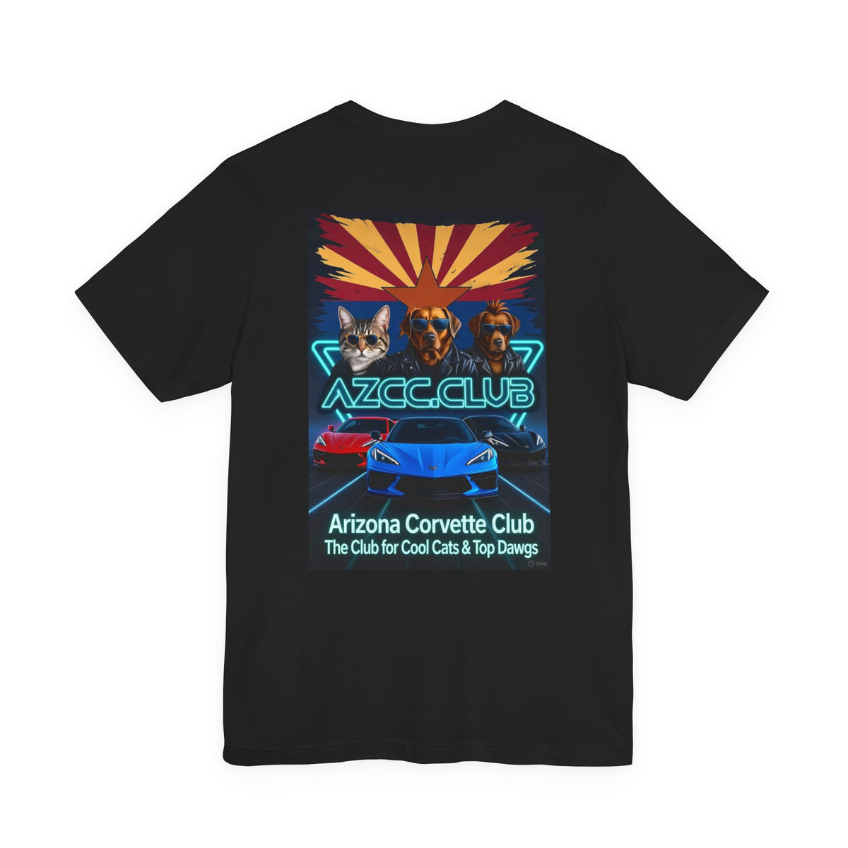 Arizona Corvette Club Tee — "AZCC.CLUB" Neon Retro Cat & Dog Corvette Tee