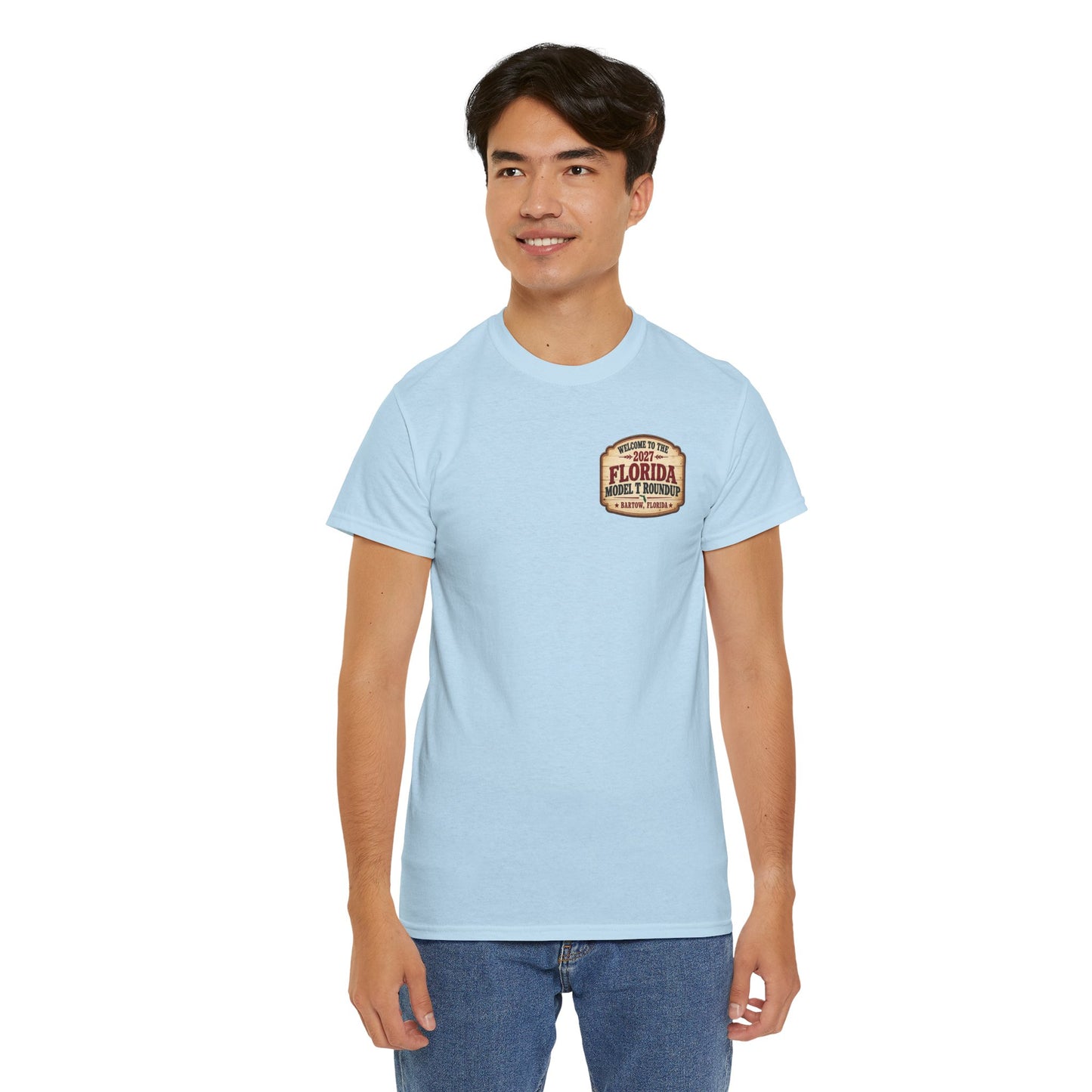 Florida Model T Roundup 2027 T-Shirt — Unisex Heavy Cotton Tee (Front and Back Graphic)