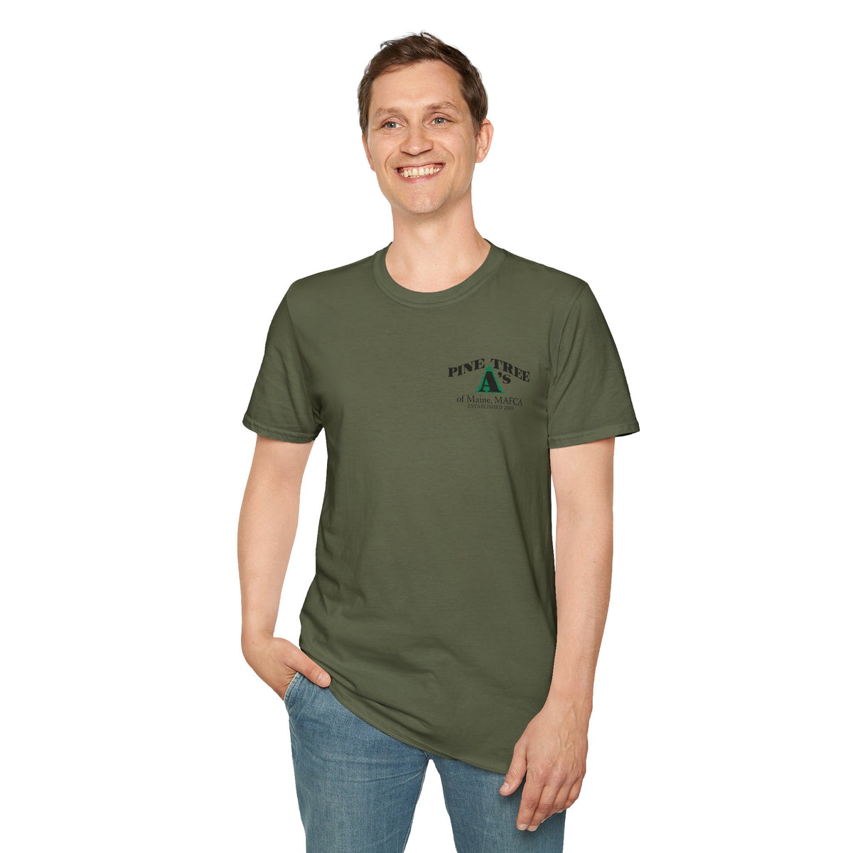 Pine Tree A's of Maine, MAFCA T‑Shirt with Front and Back Logos — Unisex Softstyle T-Shirt