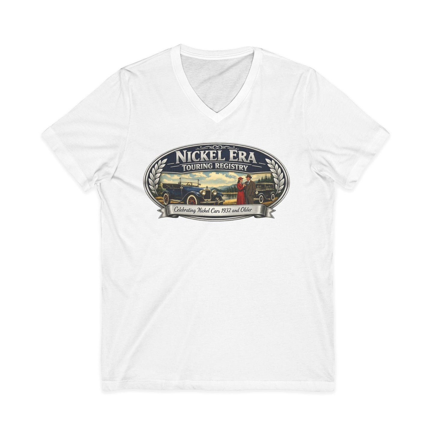 Nickel Era Touring Registry Women's V-Neck Tee — Vintage Car Club Graphic Shirt