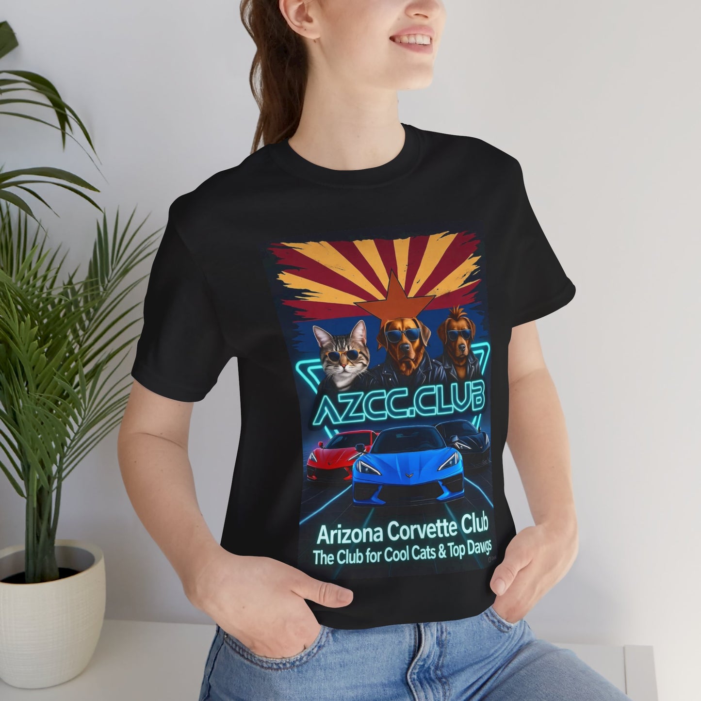 Arizona Corvette Club Tee — "AZCC.CLUB" Neon Retro Cat & Dog Corvette Tee