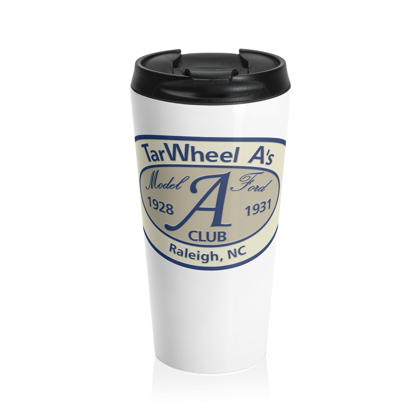TarWheel A's Model A Club Stainless Steel Travel Mug — Raleigh, NC Vintage Car Logo
