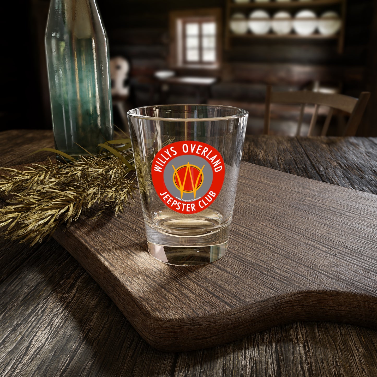 Willys Overland Jeepster Club 1.5oz Shot Glass — Vintage Jeep Enthusiast Bar Glass