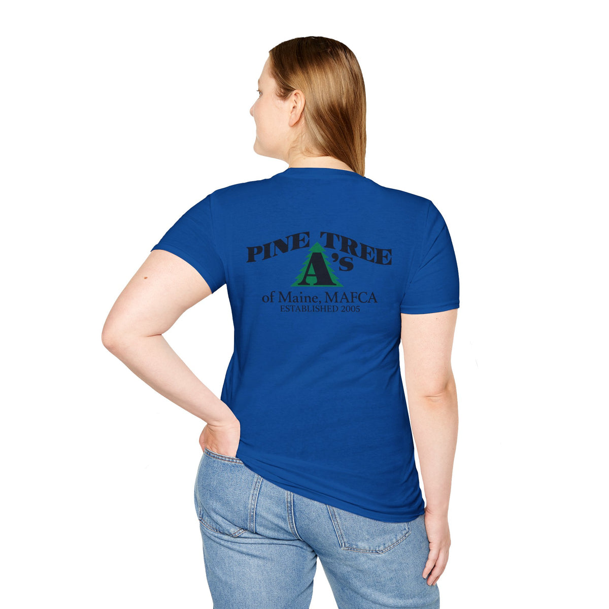 Pine Tree A's of Maine, MAFCA T‑Shirt with Front and Back Logos — Unisex Softstyle T-Shirt
