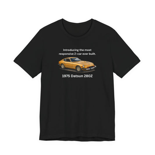 1975 Datsun 280Z Tee — "Most Responsive Z-Car Ever Built" Classic Car T‑Shirt White Lettering