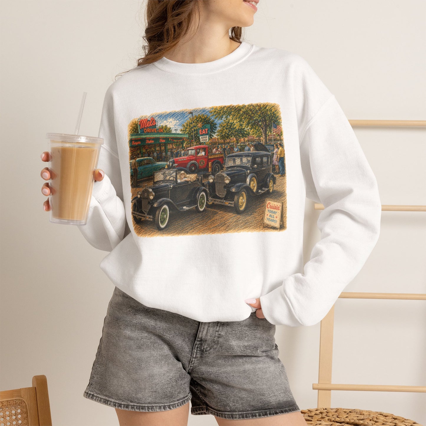 Mel's Drive-In (LTG) Crewneck Sweatshirt — Retro Antique Car Scene