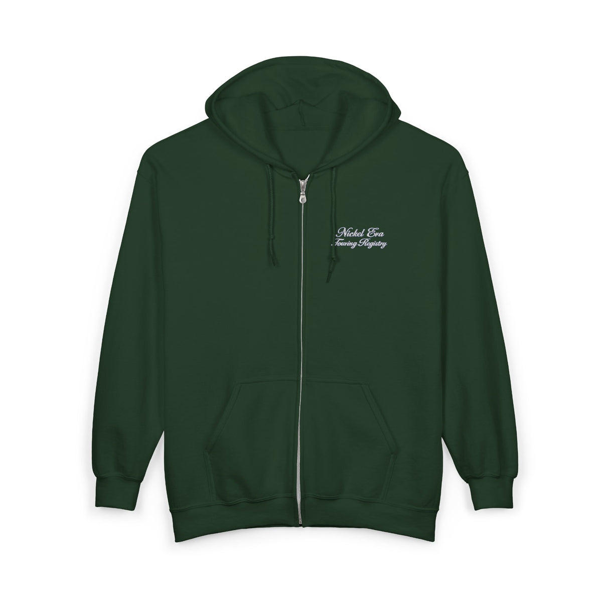 Nickel Era Touring Registry Hoodie with Embroidered Script Chest Text — Unisex Heavy Blend™ Full Zip Hooded Sweatshirt