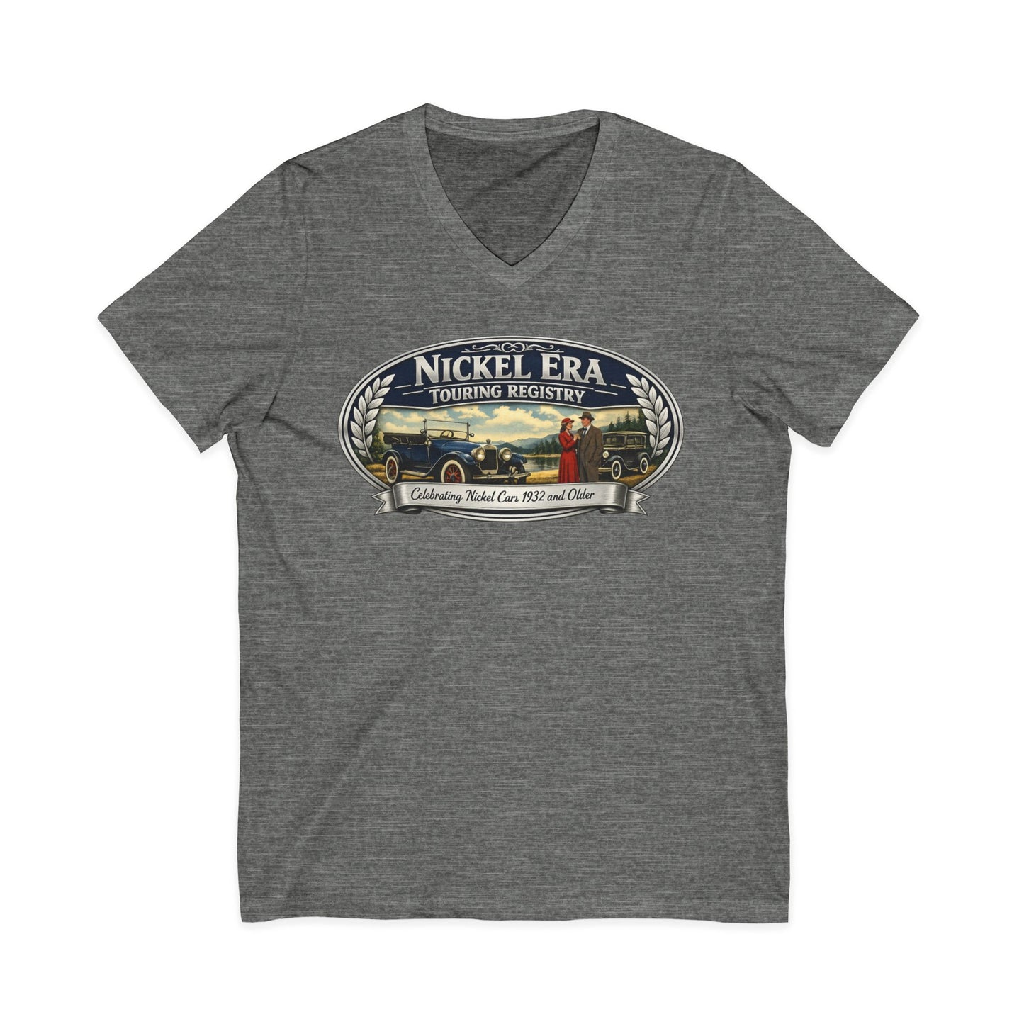 Nickel Era Touring Registry Women's V-Neck Tee — Vintage Car Club Graphic Shirt