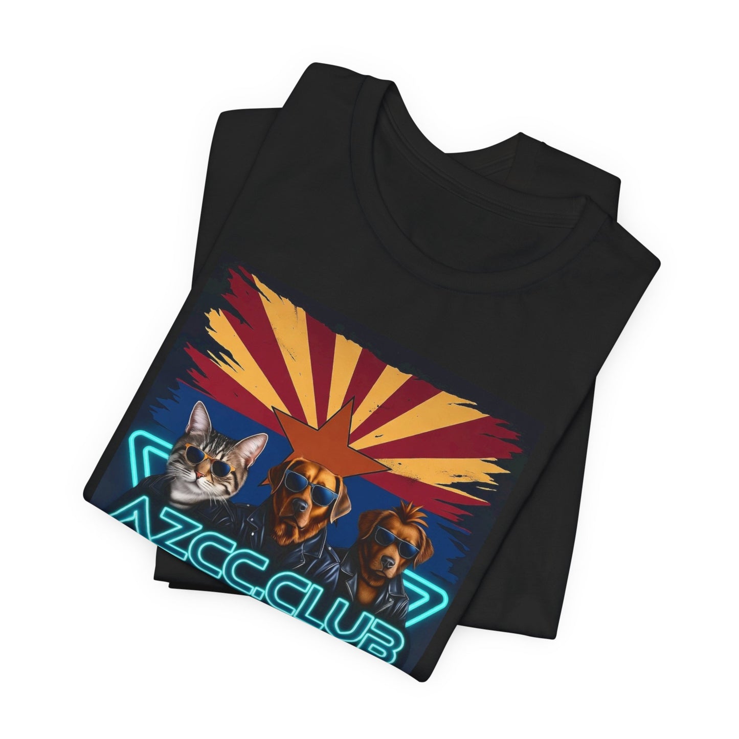 Arizona Corvette Club Tee — "AZCC.CLUB" Neon Retro Cat & Dog Corvette Tee