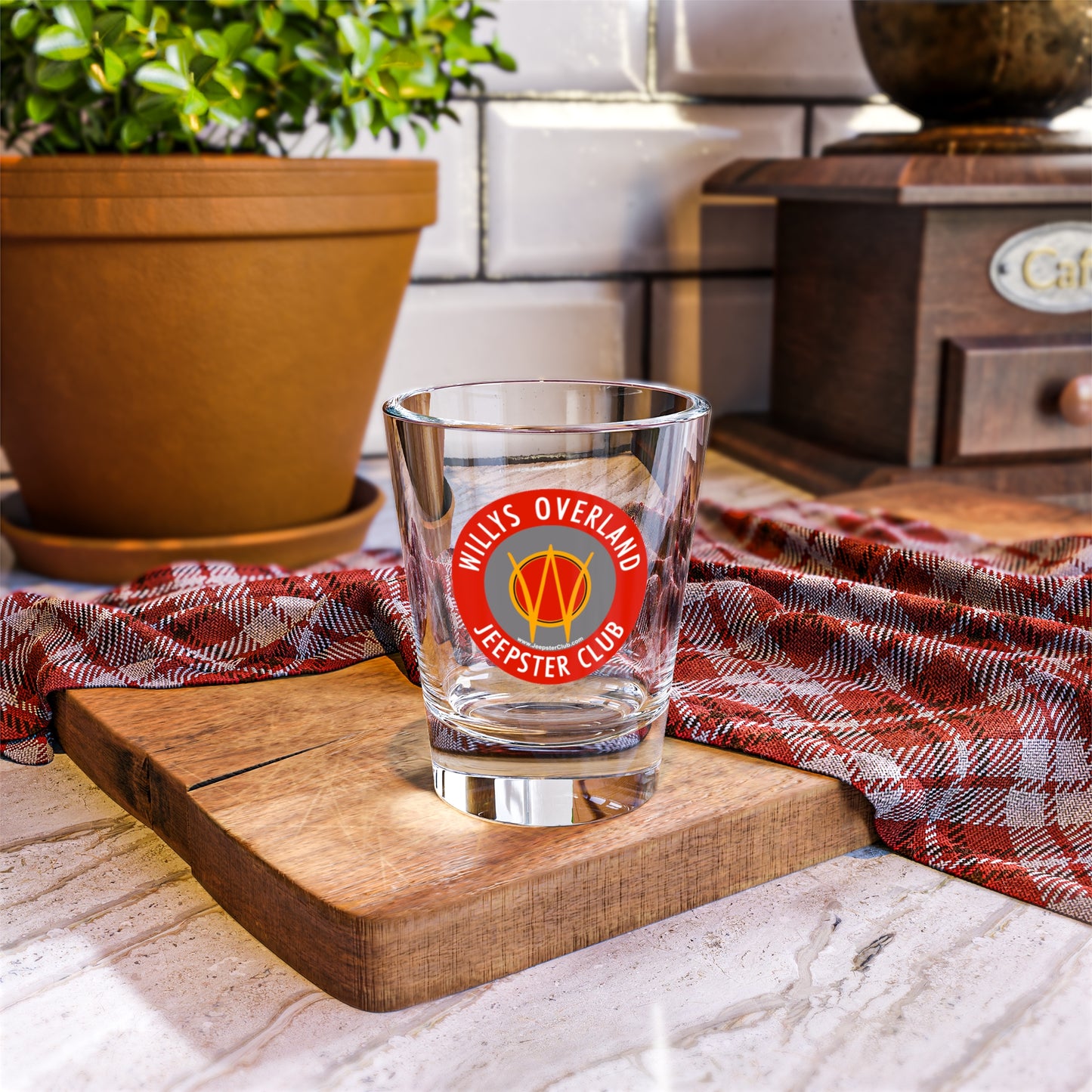 Willys Overland Jeepster Club 1.5oz Shot Glass — Vintage Jeep Enthusiast Bar Glass