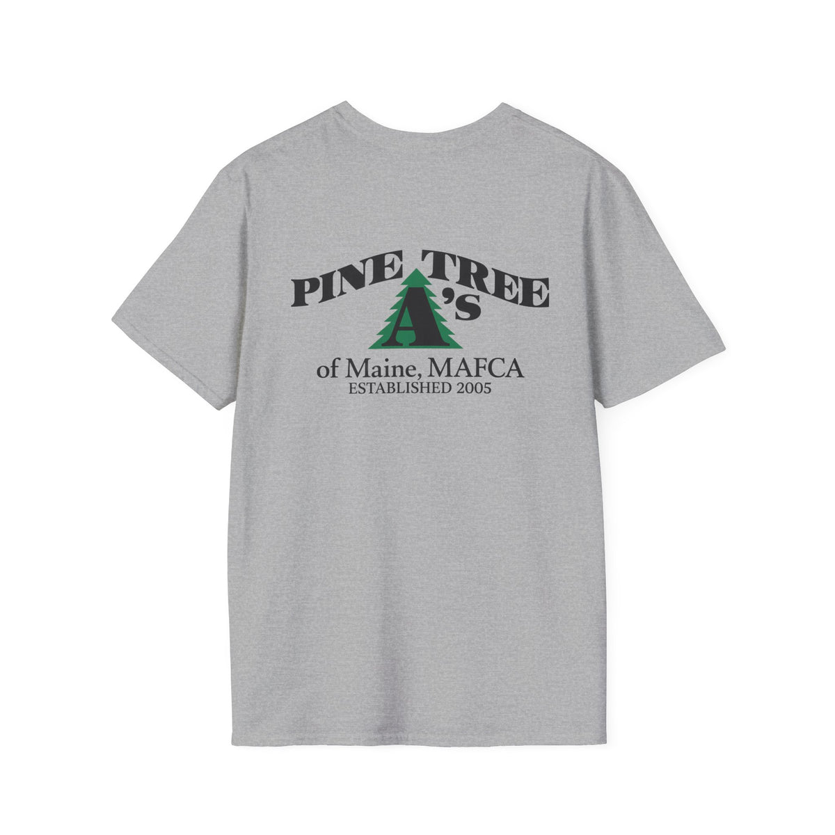 Pine Tree A's of Maine, MAFCA T‑Shirt with Front and Back Logos — Unisex Softstyle T-Shirt