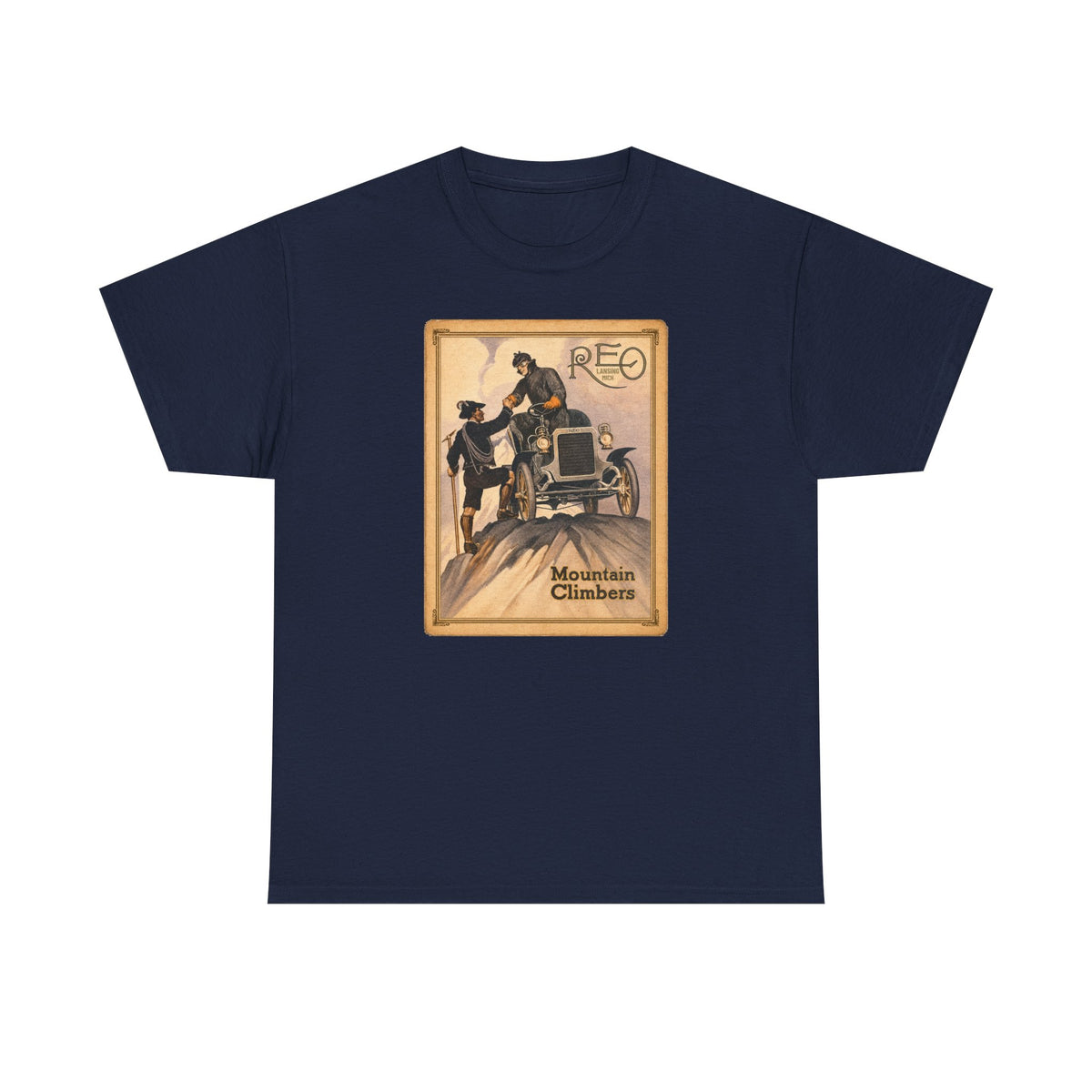 REO Lansing Michigan Mountain Climbers T-Shirt - Unisex Heavy Cotton Tee