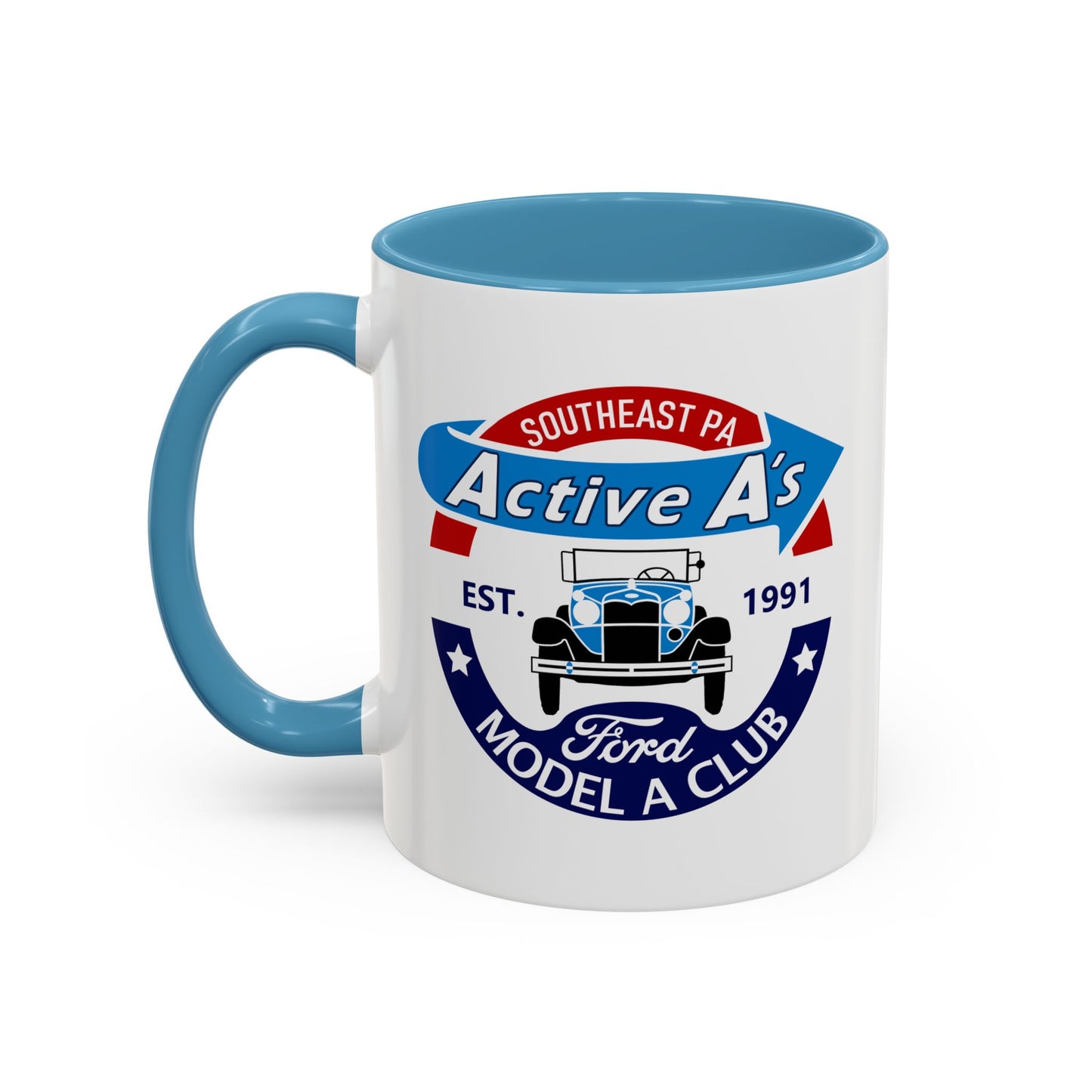 Ford Model A Club Coffee Mug — "Active A's" Southeast PA Vintage Car Design (11/15 oz)