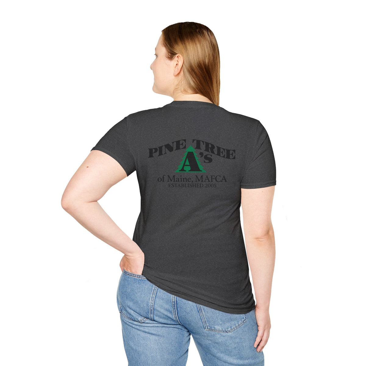 Pine Tree A's of Maine, MAFCA T‑Shirt with Front and Back Logos — Unisex Softstyle T-Shirt