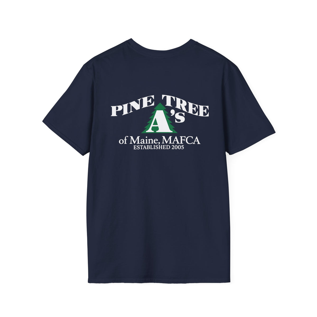 Pine Tree A's of Maine, MAFCA T‑Shirt with Front and Back Logos — Unisex Softstyle T-Shirt