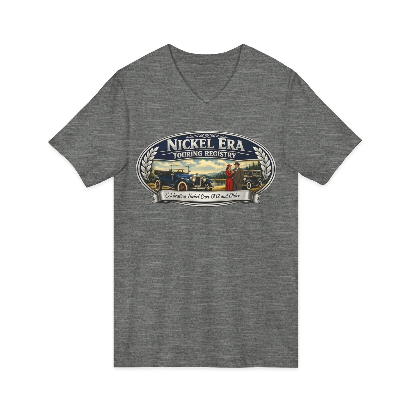 Nickel Era Touring Registry Women's V-Neck Tee — Vintage Car Club Graphic Shirt