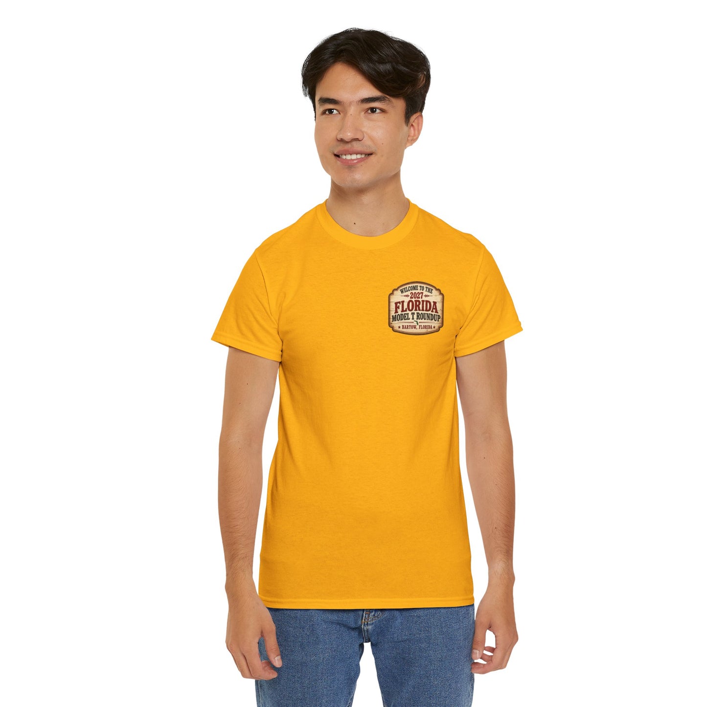 Florida Model T Roundup 2027 T-Shirt — Unisex Heavy Cotton Tee (Front and Back Graphic)