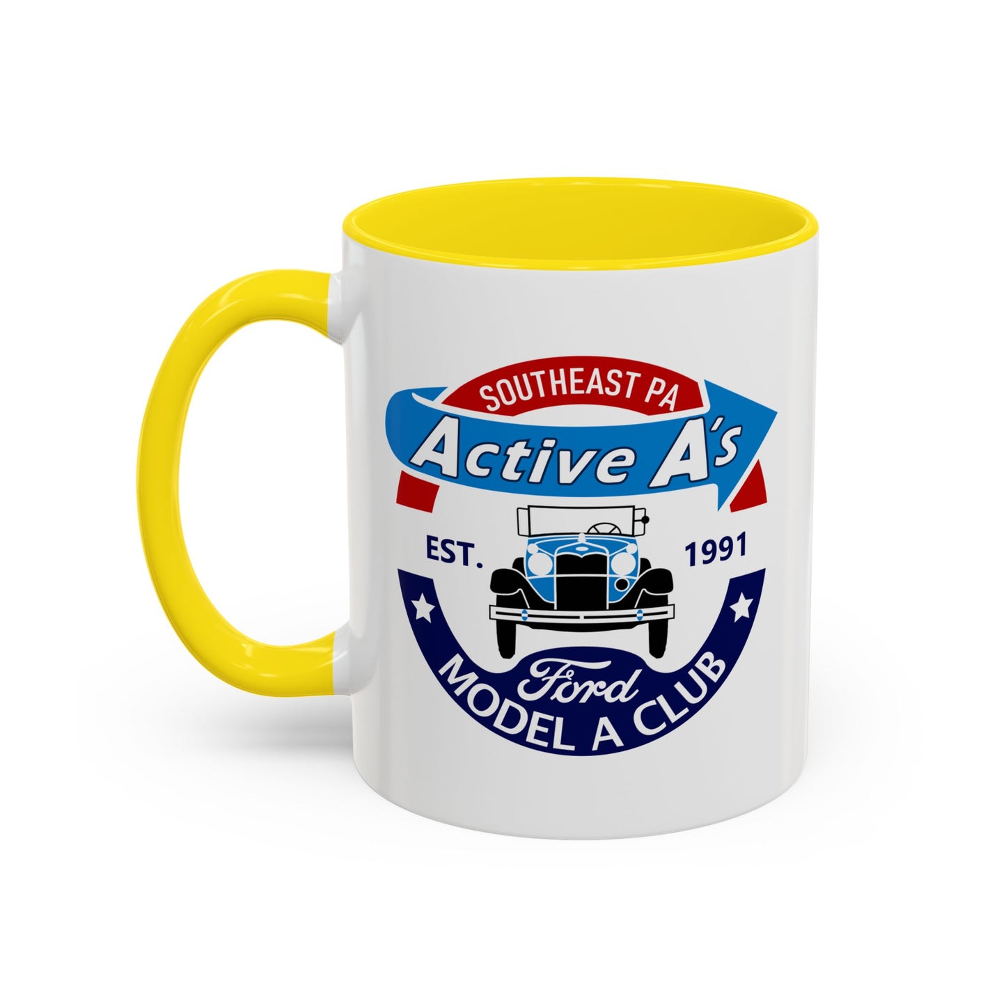 Ford Model A Club Coffee Mug — "Active A's" Southeast PA Vintage Car Design (11/15 oz)