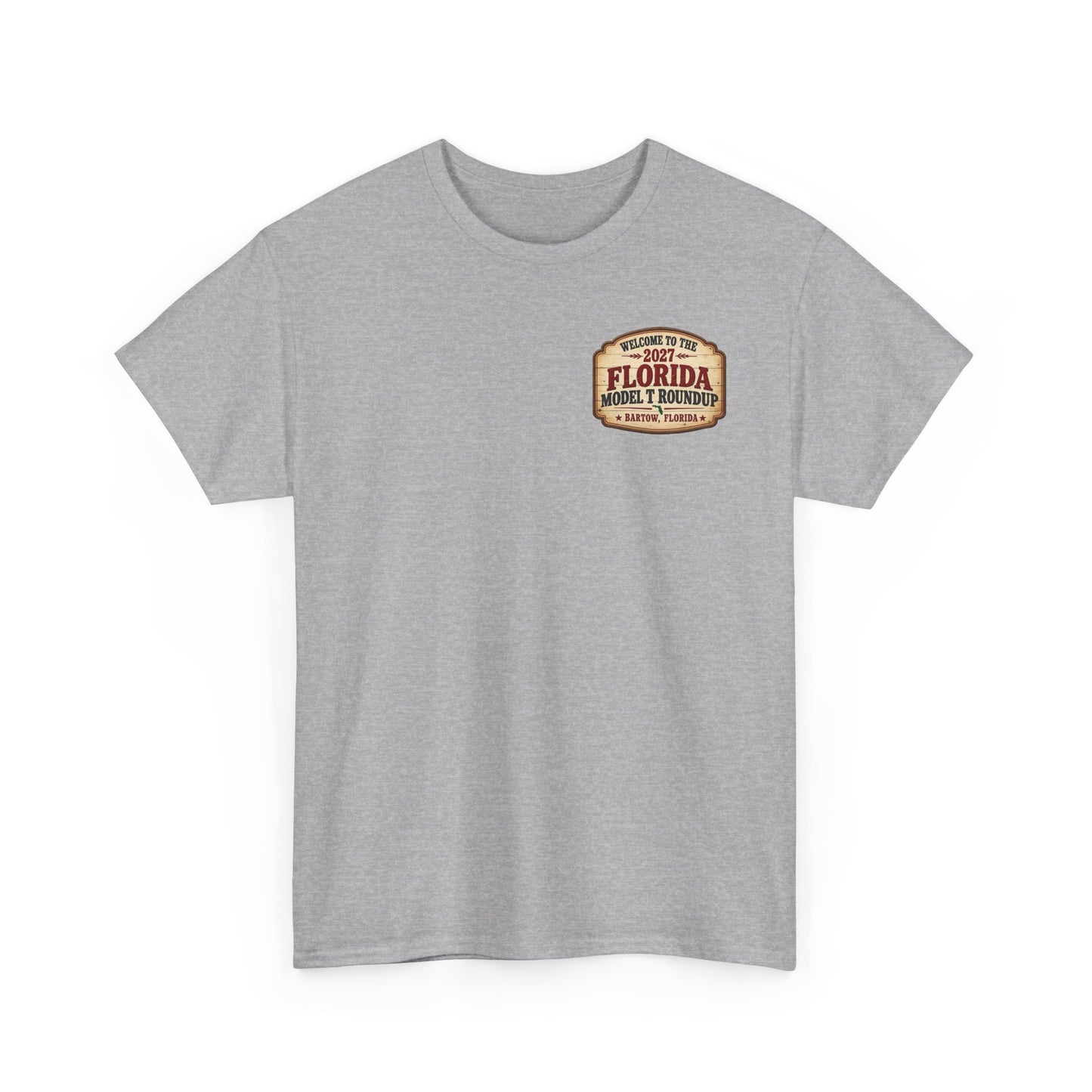 Florida Model T Roundup 2027 T-Shirt — Unisex Heavy Cotton Tee (Front and Back Graphic)