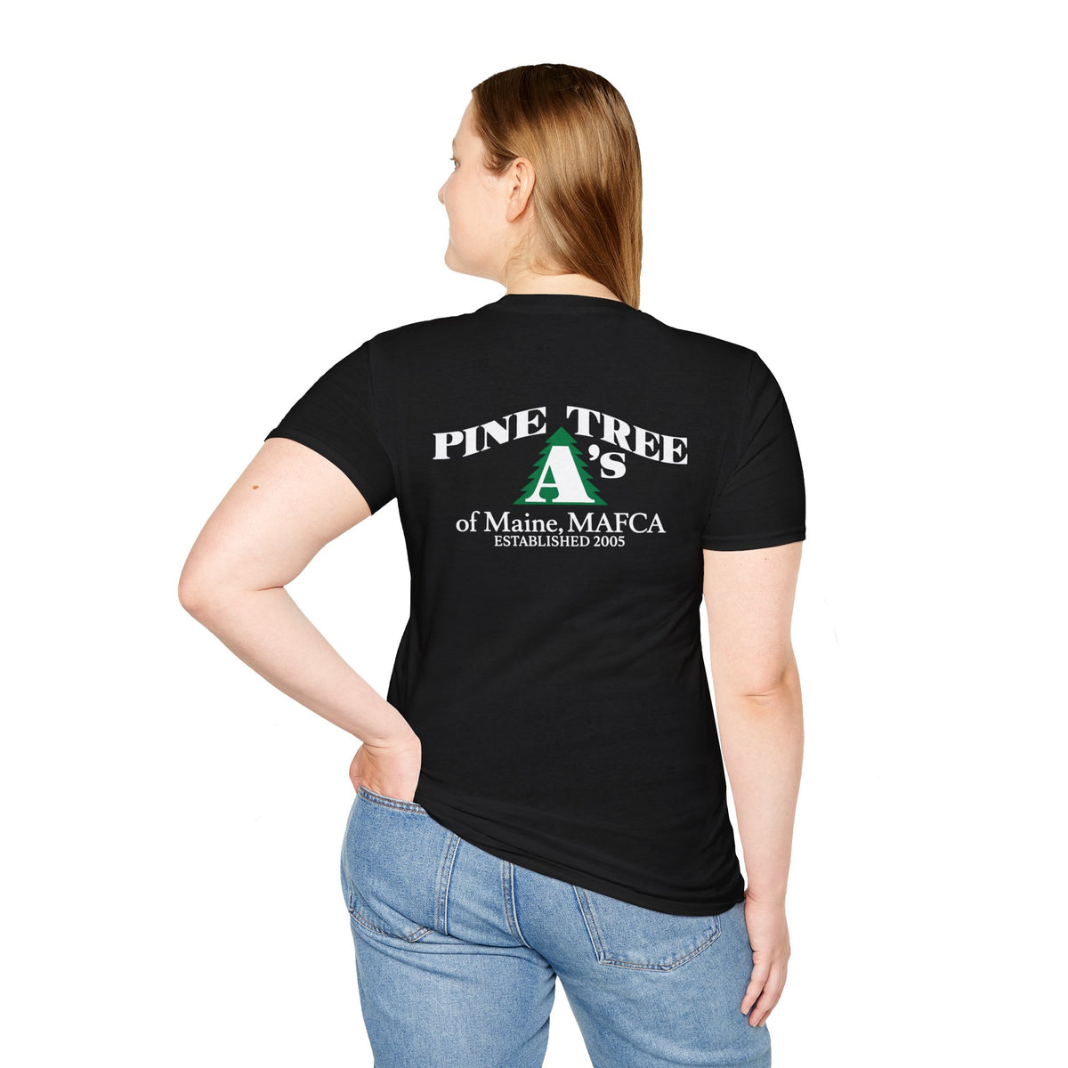 Pine Tree A's of Maine, MAFCA T‑Shirt with Front and Back Logos — Unisex Softstyle T-Shirt