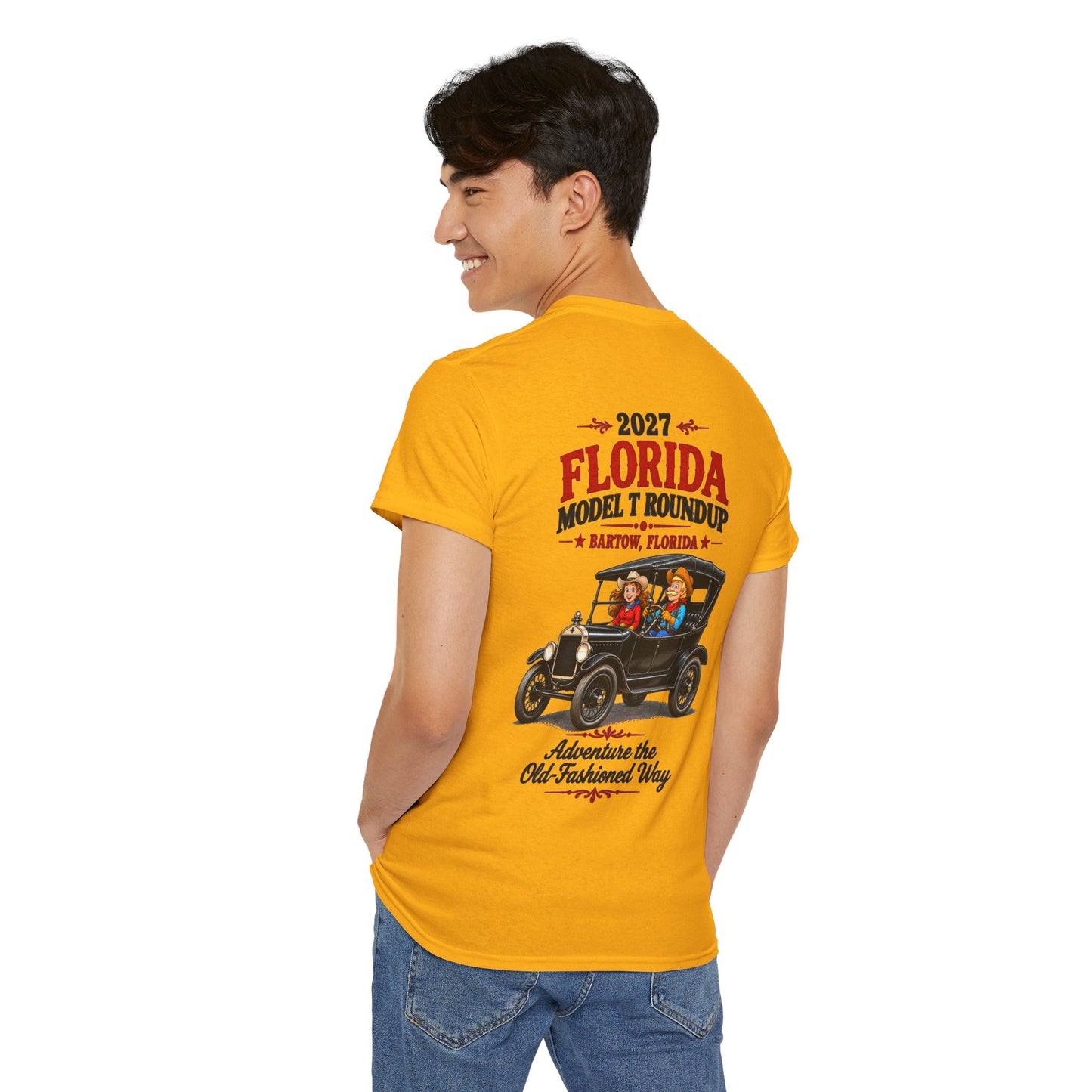 Florida Model T Roundup 2027 T-Shirt — Unisex Heavy Cotton Tee (Front and Back Graphic)