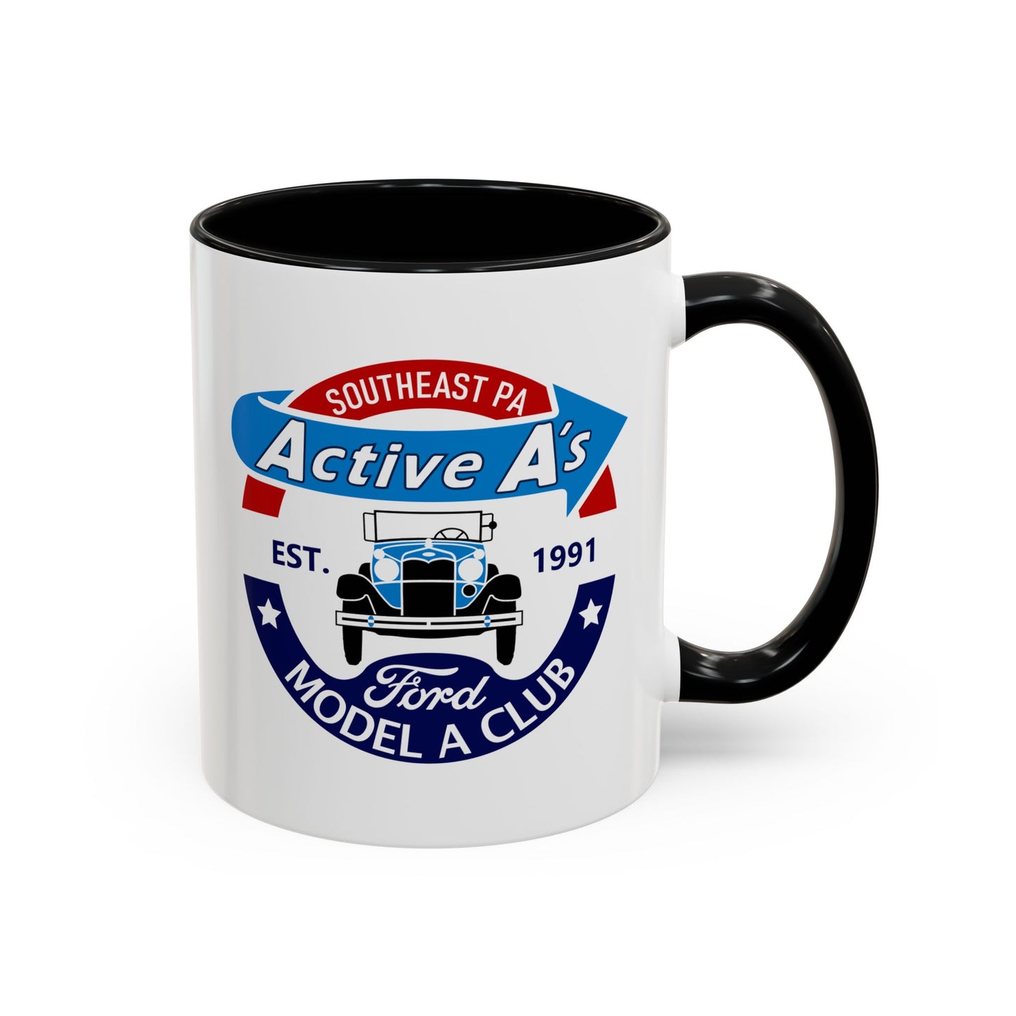 Ford Model A Club Coffee Mug — "Active A's" Southeast PA Vintage Car Design (11/15 oz)
