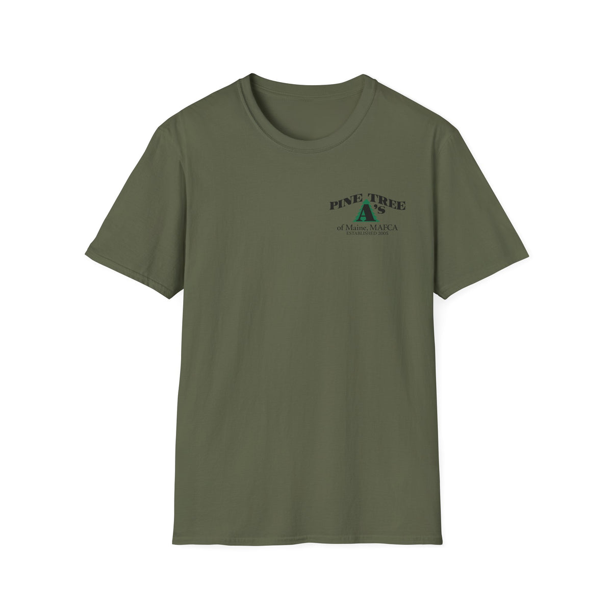 Pine Tree A's of Maine, MAFCA T‑Shirt with Front and Back Logos — Unisex Softstyle T-Shirt