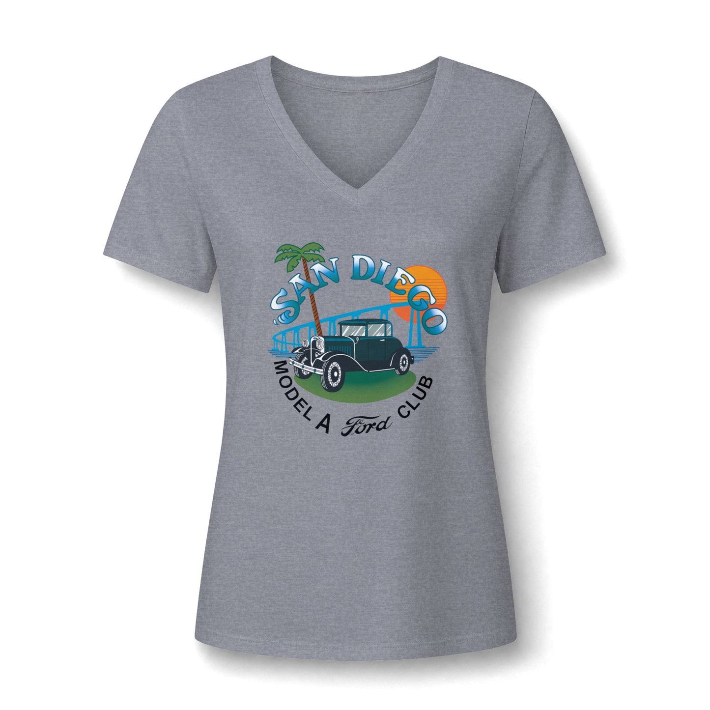 San Diego Model A Ford Club V-Neck Tee — Vintage Car Beach Graphic