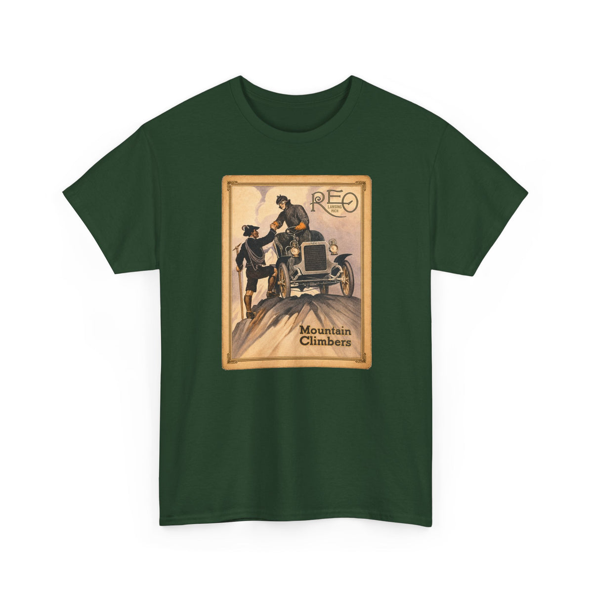 REO Lansing Michigan Mountain Climbers T-Shirt - Unisex Heavy Cotton Tee
