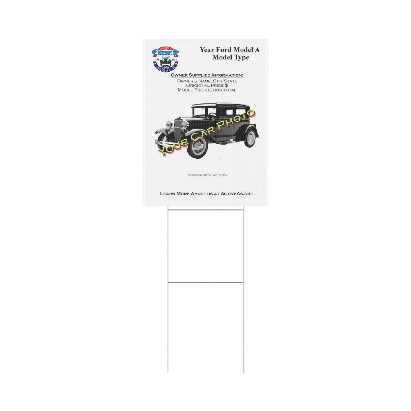 Active A's Ford Model A Club Plastic Sign — "Active A’s" Southeast PA Ford Model A Club Vintage Car Design
