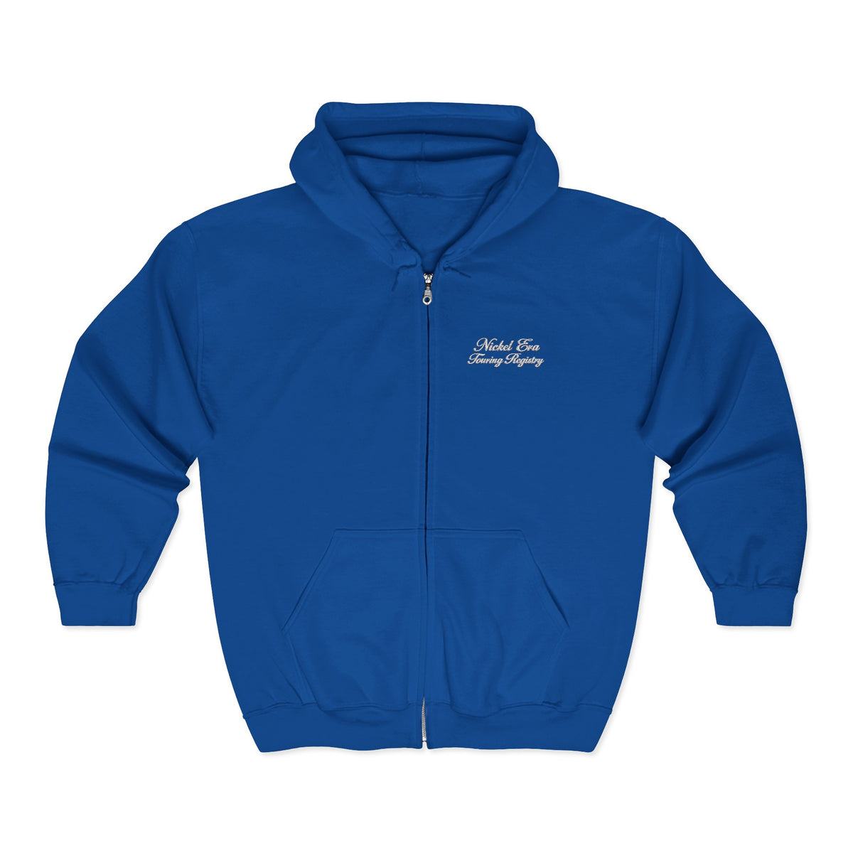Nickel Era Touring Registry Hoodie with Embroidered Script Chest Text — Unisex Heavy Blend™ Full Zip Hooded Sweatshirt