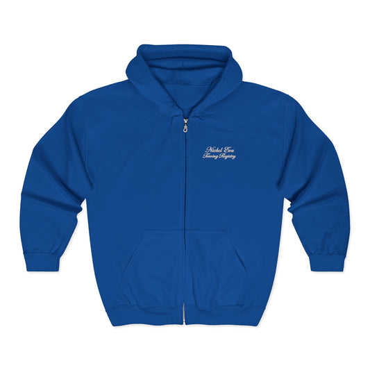 Nickel Era Touring Registry Hoodie with Embroidered Script Chest Text — Unisex Heavy Blend™ Full Zip Hooded Sweatshirt