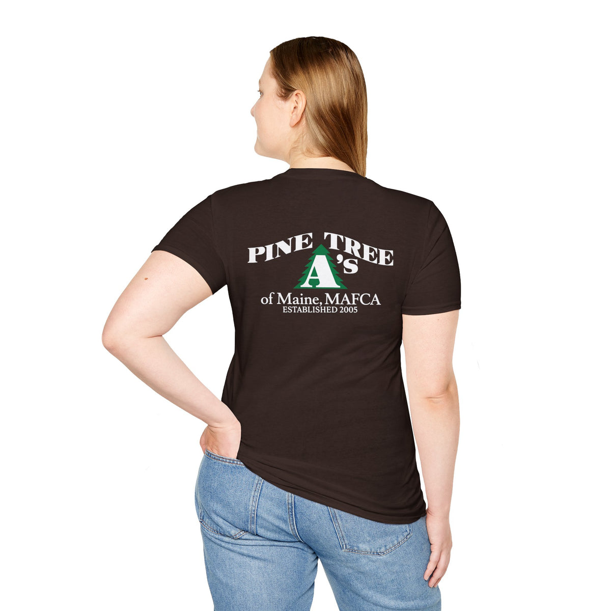 Pine Tree A's of Maine, MAFCA T‑Shirt with Front and Back Logos — Unisex Softstyle T-Shirt