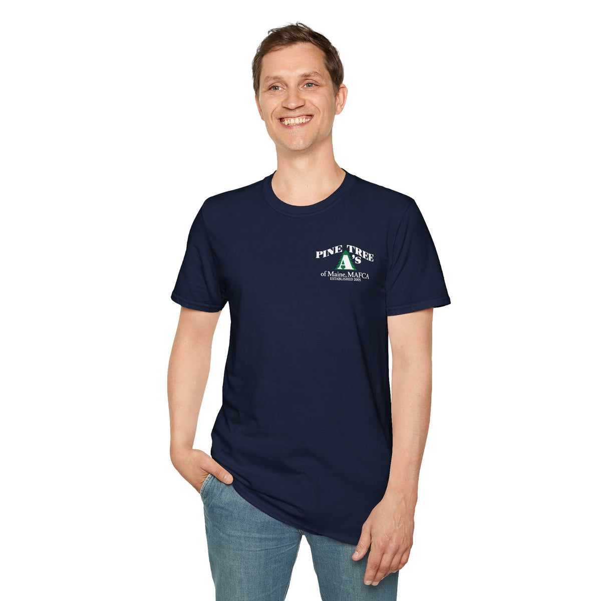 Pine Tree A's of Maine, MAFCA T‑Shirt with Front and Back Logos — Unisex Softstyle T-Shirt