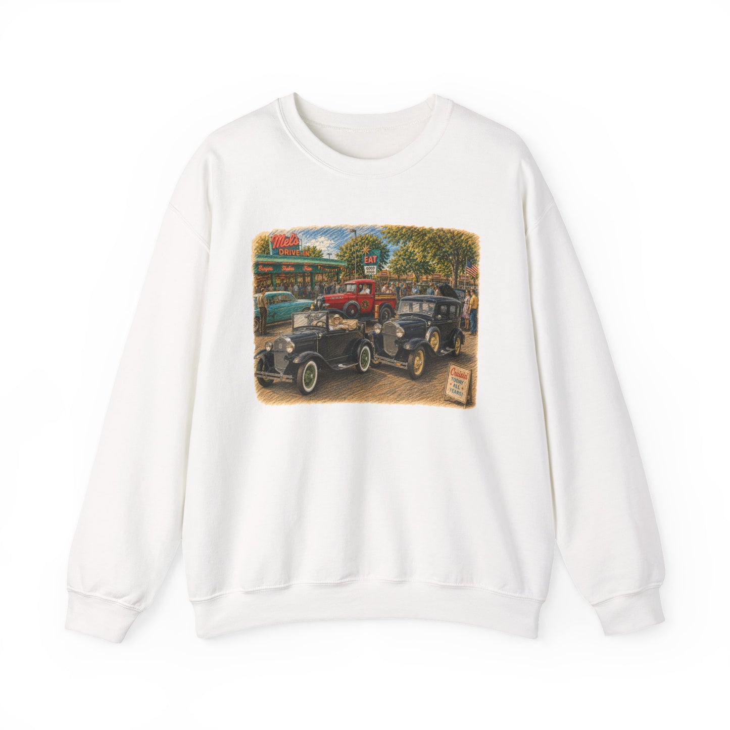 Mel's Drive-In (LTG) Crewneck Sweatshirt — Retro Antique Car Scene