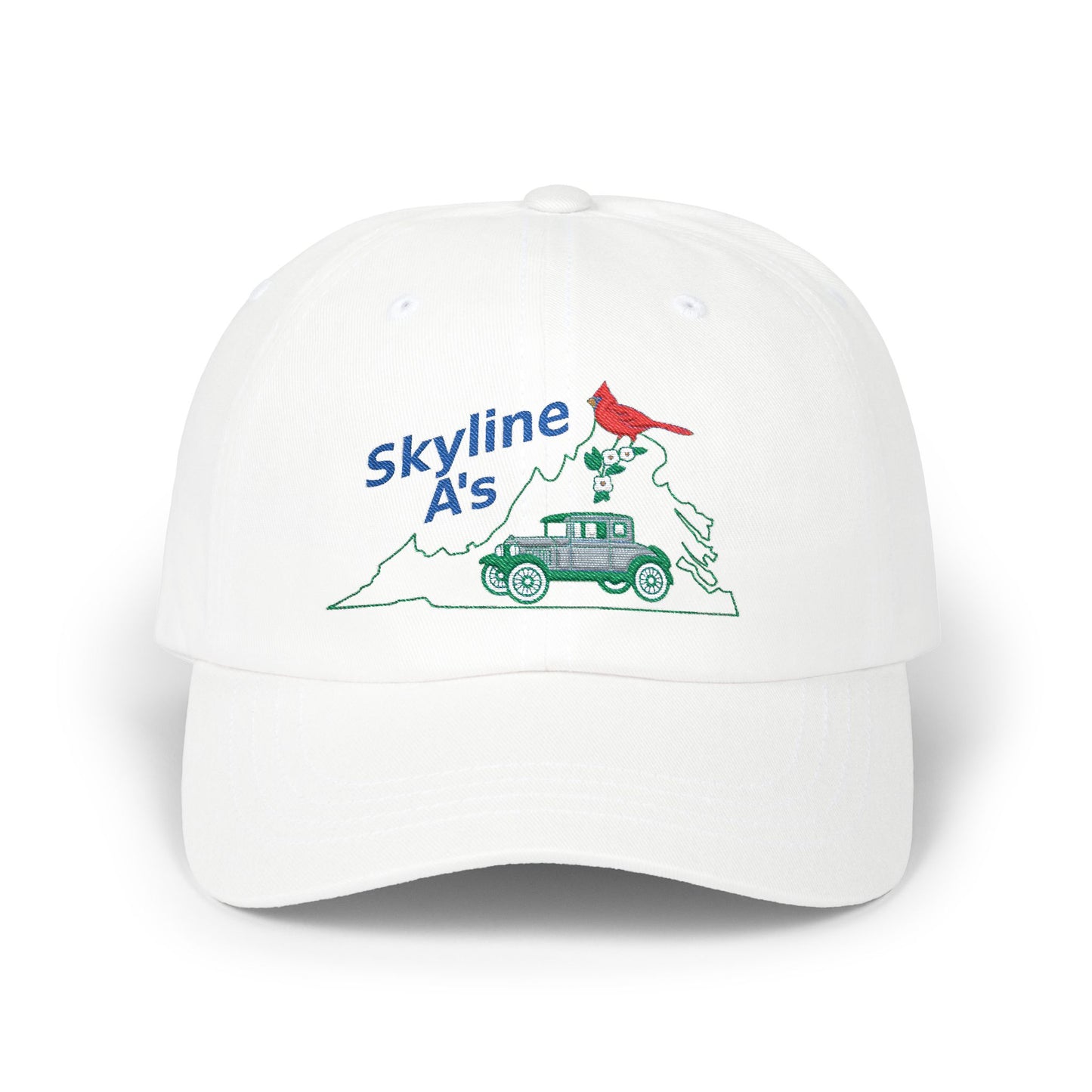 Skyline A's Embroidered Dad Hat — Vintage Car & Cardinal Design