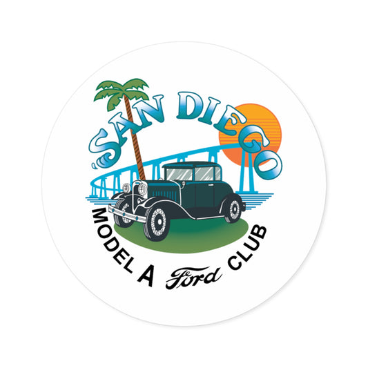 San Diego Model A Ford Club Round Sticker — Vintage Car Beach Logo (Indoor/Outdoor)