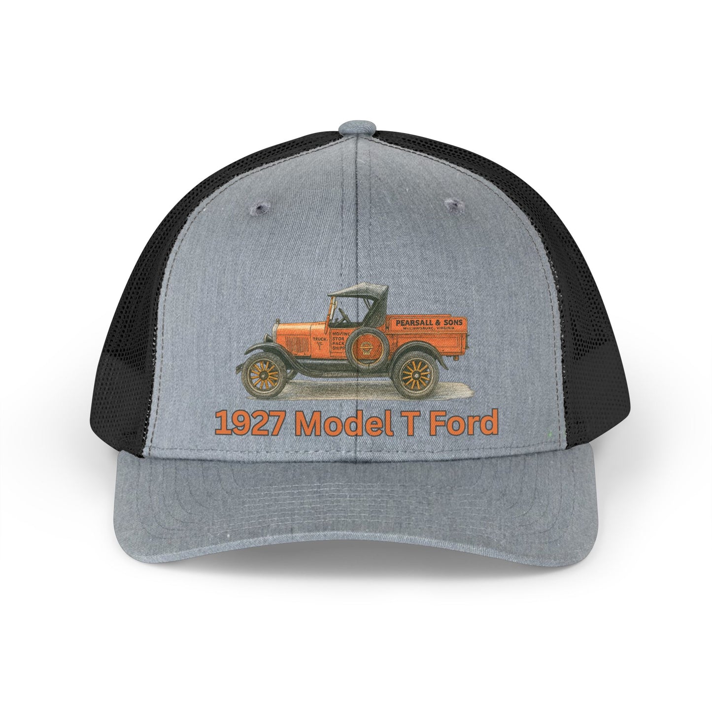1927 Model T Ford pickup Trucker Hat — Retro Orange Vintage Truck “Pearsall & Sons” Mesh Cap