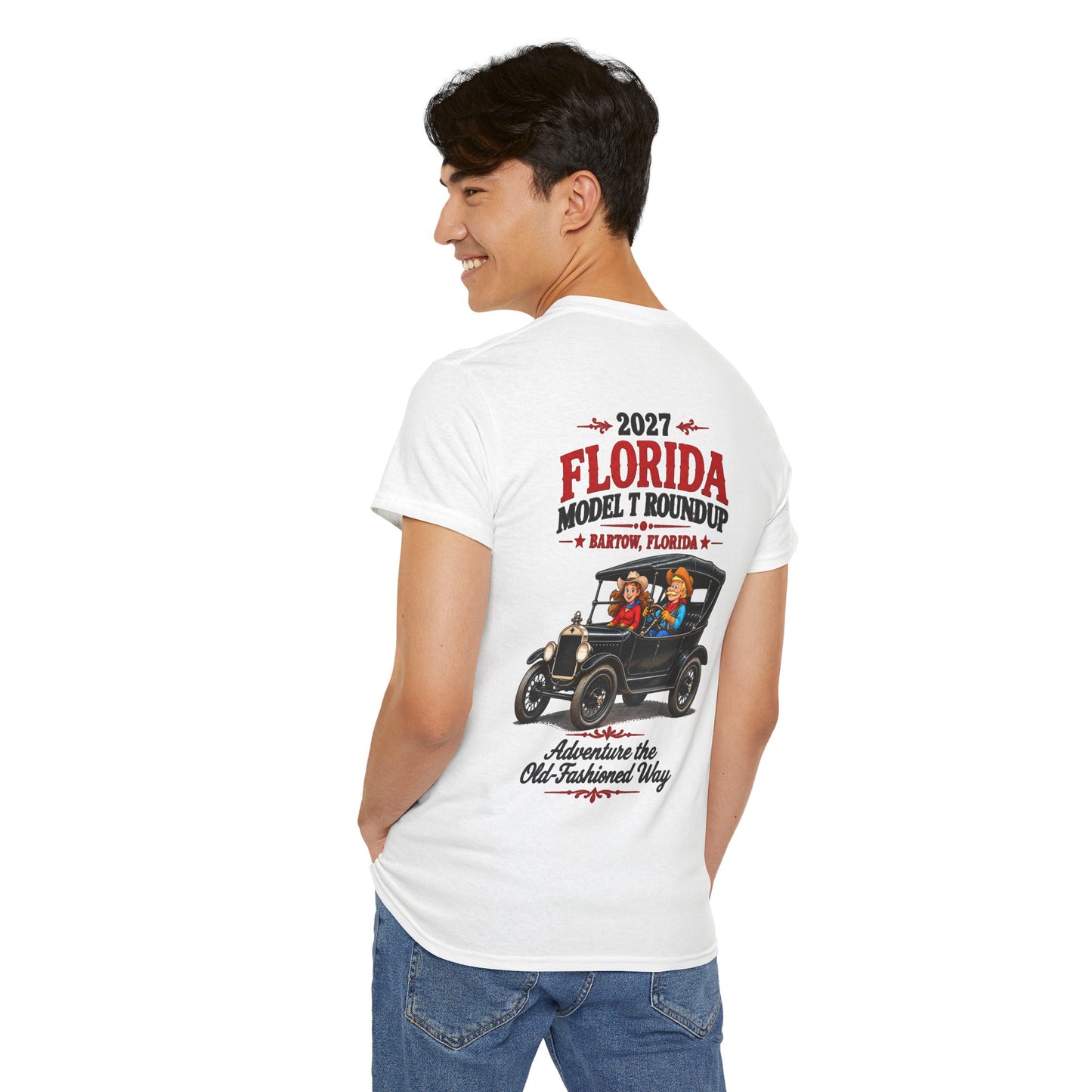 Florida Model T Roundup 2027 T-Shirt — Unisex Heavy Cotton Tee (Front and Back Graphic)