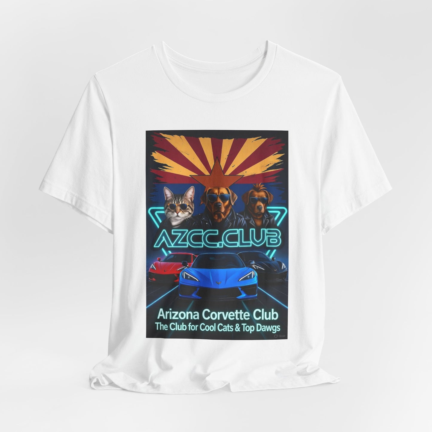 Arizona Corvette Club Tee — "AZCC.CLUB" Neon Retro Cat & Dog Corvette Tee