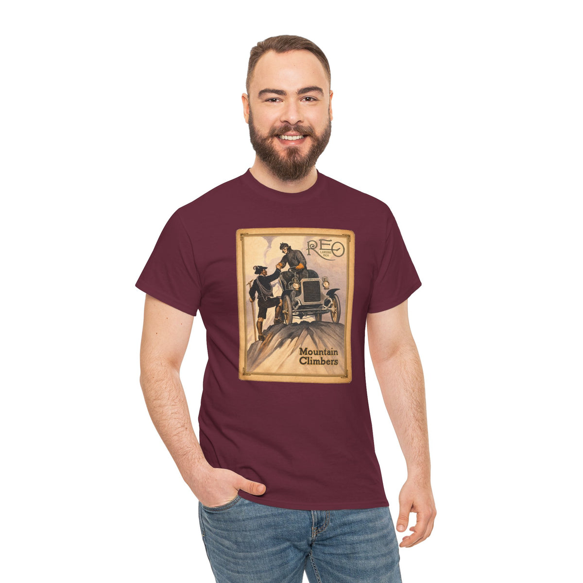 REO Lansing Michigan Mountain Climbers T-Shirt - Unisex Heavy Cotton Tee