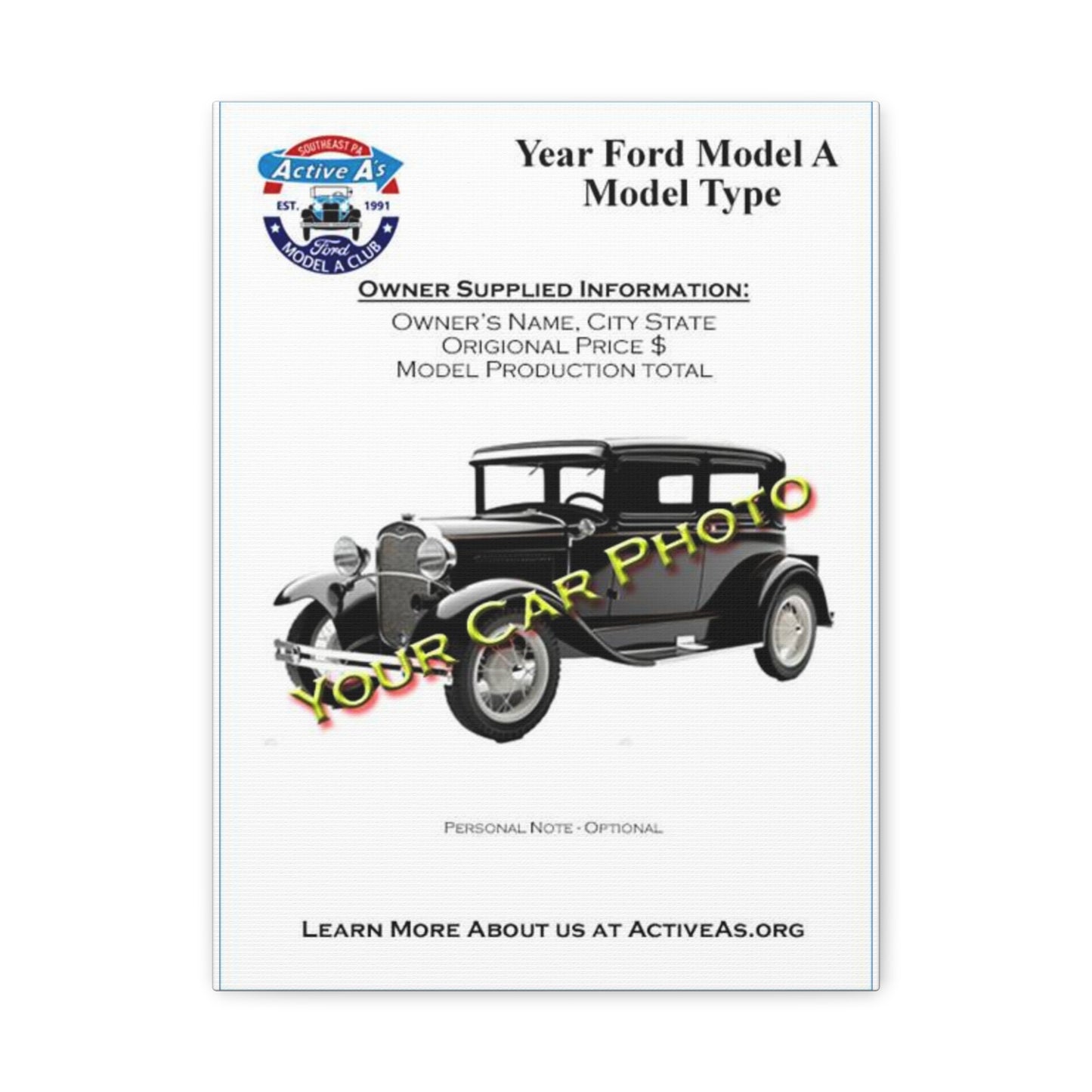 Active A's Ford Model A Club Custom Canvas Print – (Add Your Car Photo)