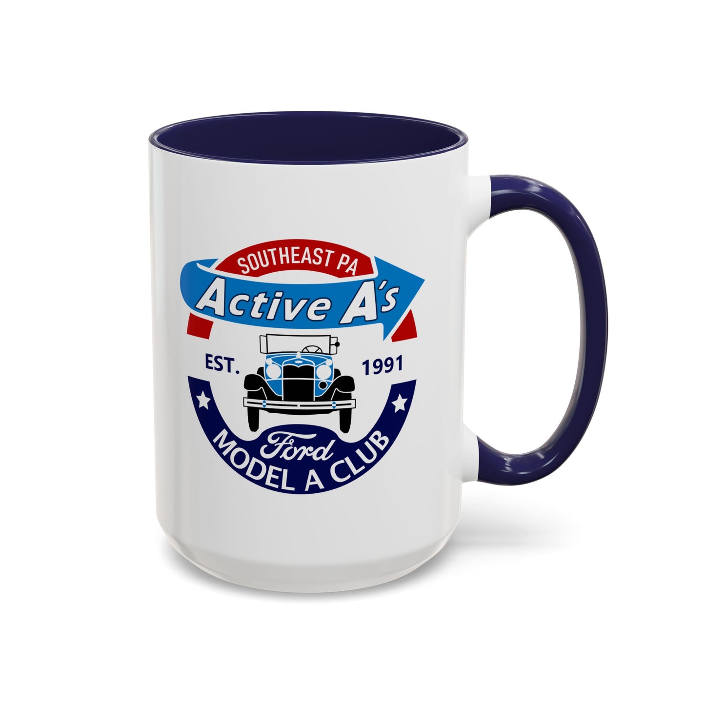 Ford Model A Club Coffee Mug — "Active A's" Southeast PA Vintage Car Design (11/15 oz)